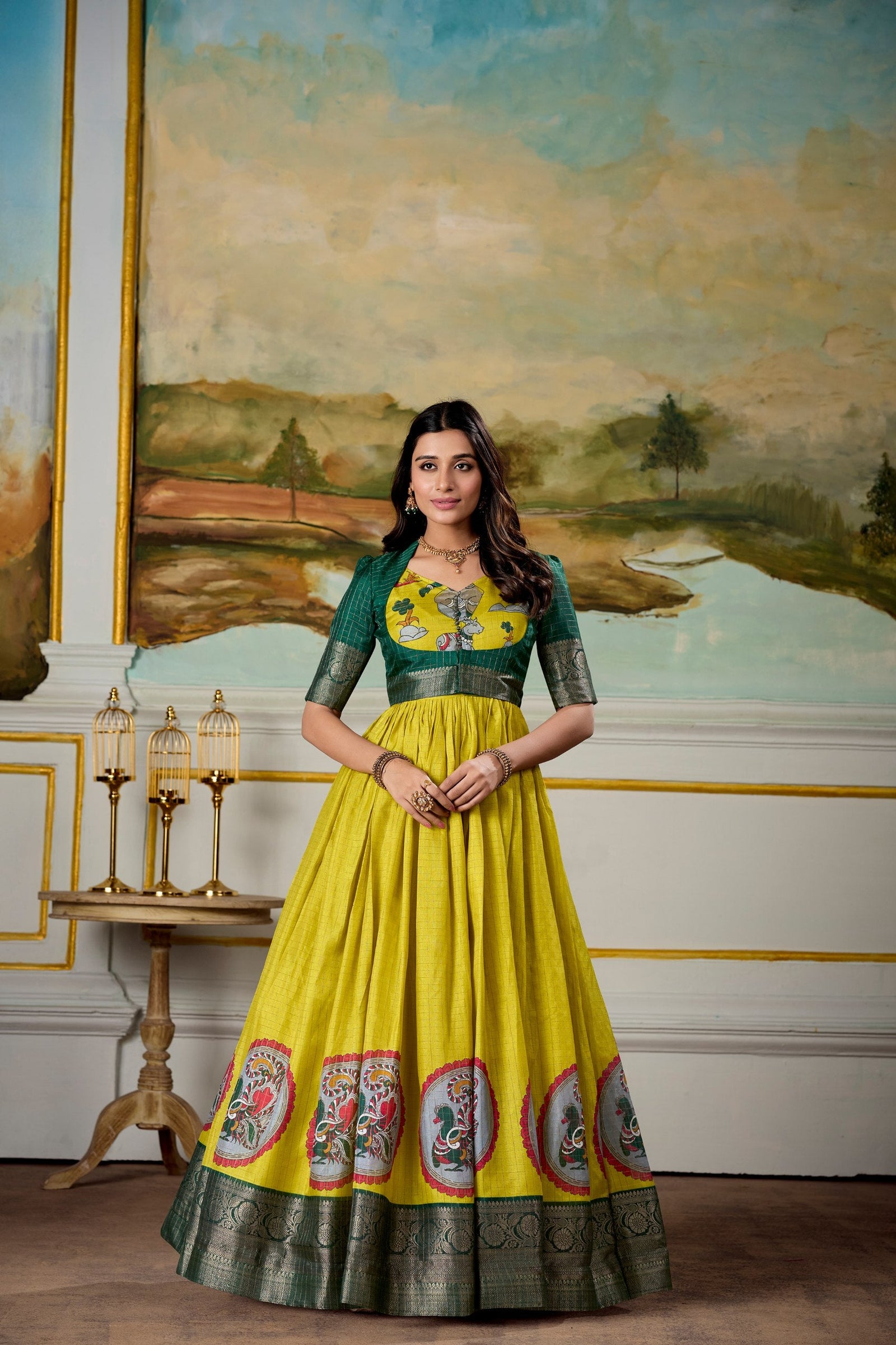 Parrot Elegant Dola Silk Kalamkari Print Gown with Zari Weaving Koti ClothsVilla
