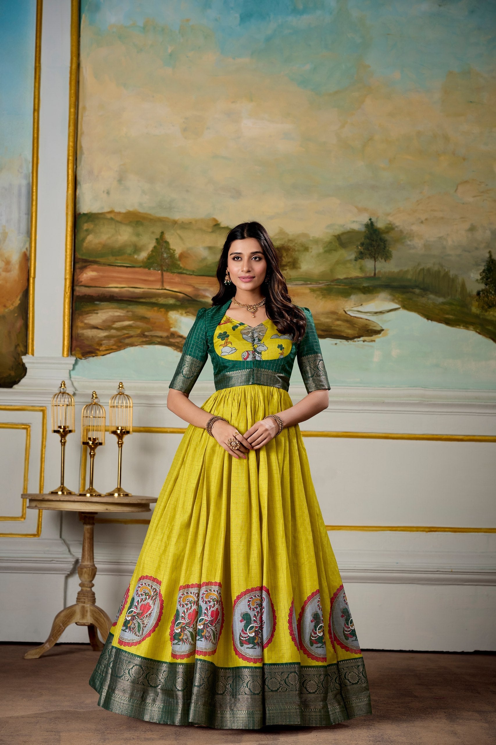 Parrot Elegant Dola Silk Kalamkari Print Gown with Zari Weaving Koti ClothsVilla Main image