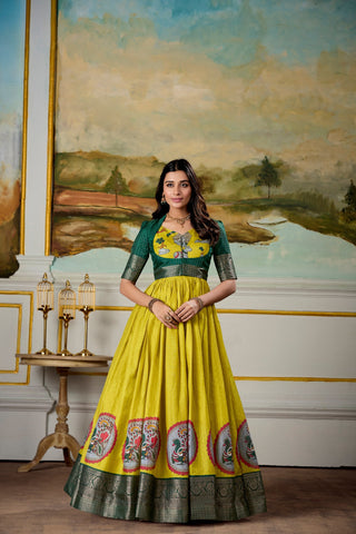 Parrot Elegant Dola Silk Kalamkari Print Gown with Zari Weaving Koti ClothsVilla