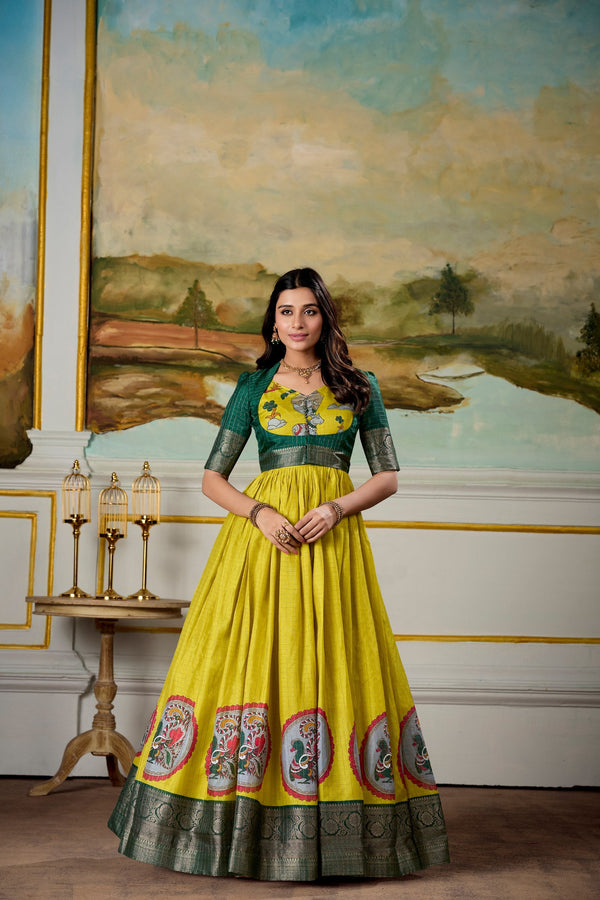 Parrot Elegant Dola Silk Kalamkari Print Gown with Zari Weaving Koti ClothsVilla