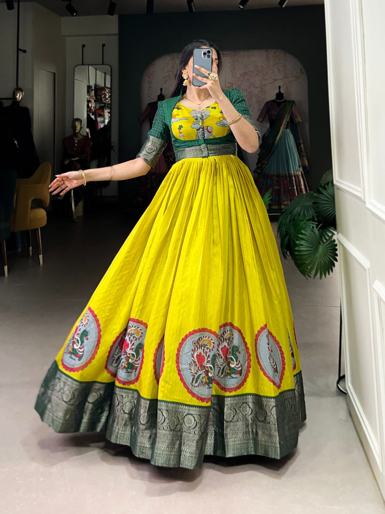 Parrot Elegant Dola Silk Kalamkari Print Gown with Zari Weaving Koti ClothsVilla