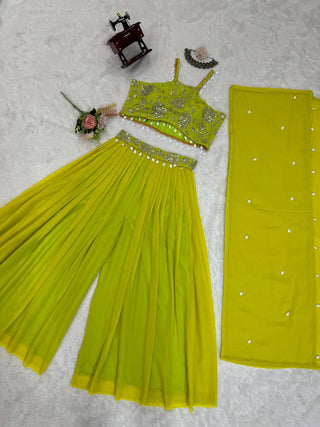 Parrot Elegant Faux Georgette Choli Sharara Set with Koti ClothsVilla