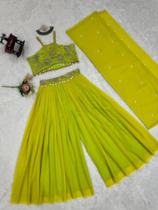 Parrot Elegant Faux Georgette Choli Sharara Set with Koti ClothsVilla