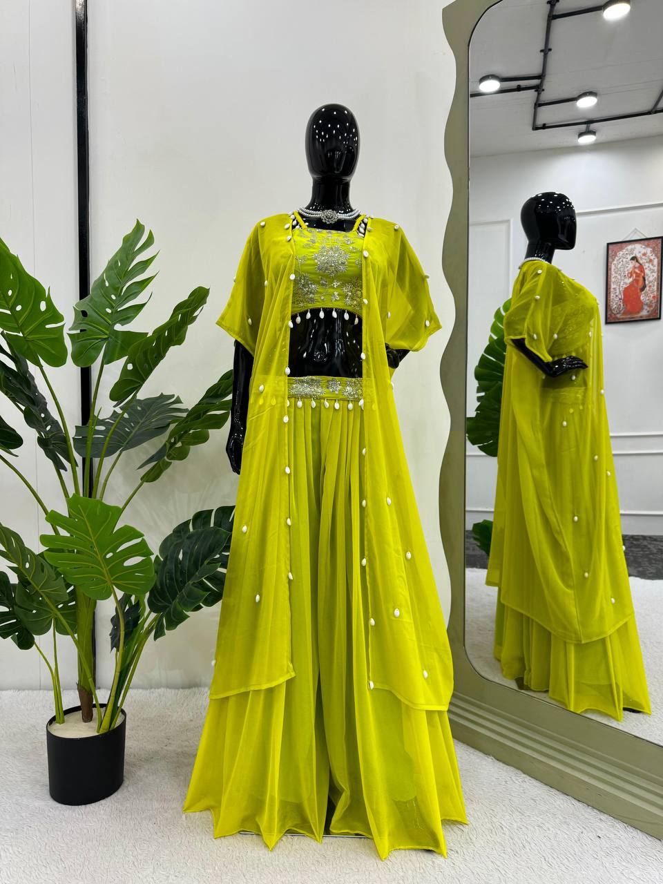 Parrot Elegant Faux Georgette Choli Sharara Set with Koti ClothsVilla