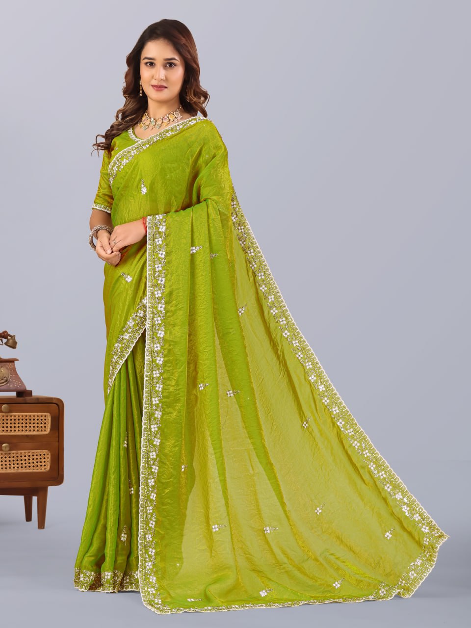 Parrot Frendi Silk Saree with Work ClothsVilla