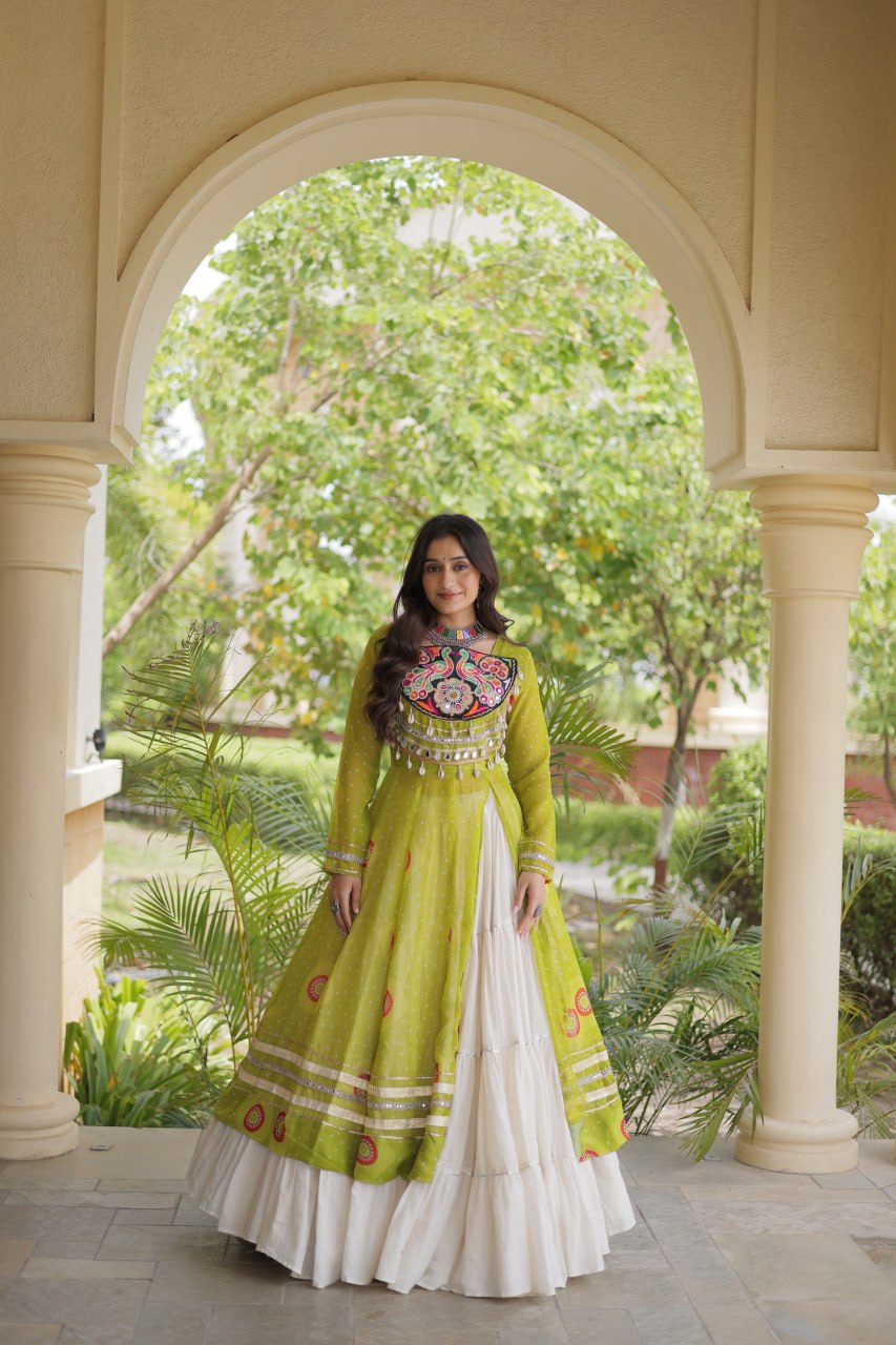 Parrot Green Bandhani Kurti With Lehenga ClothsVilla
