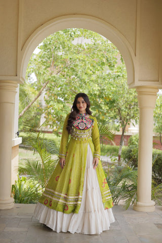 Parrot Green Bandhani Kurti With Lehenga ClothsVilla