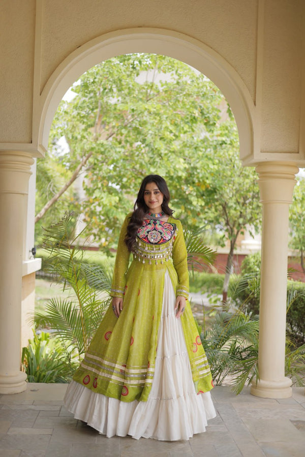 Parrot Green Bandhani Kurti With Lehenga ClothsVilla