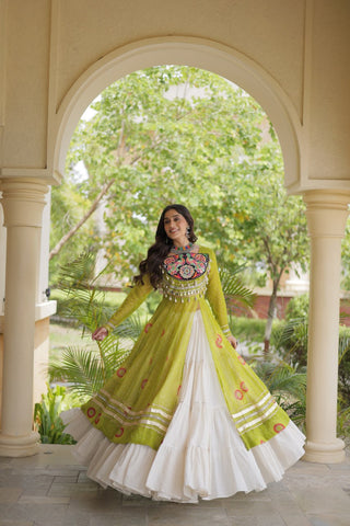 Parrot Green Bandhani Kurti With Lehenga ClothsVilla