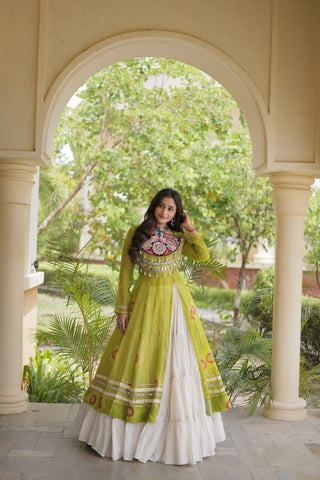 Parrot Green Bandhani Kurti With Lehenga ClothsVilla