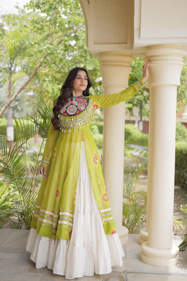 Parrot Green Bandhani Kurti With Lehenga ClothsVilla