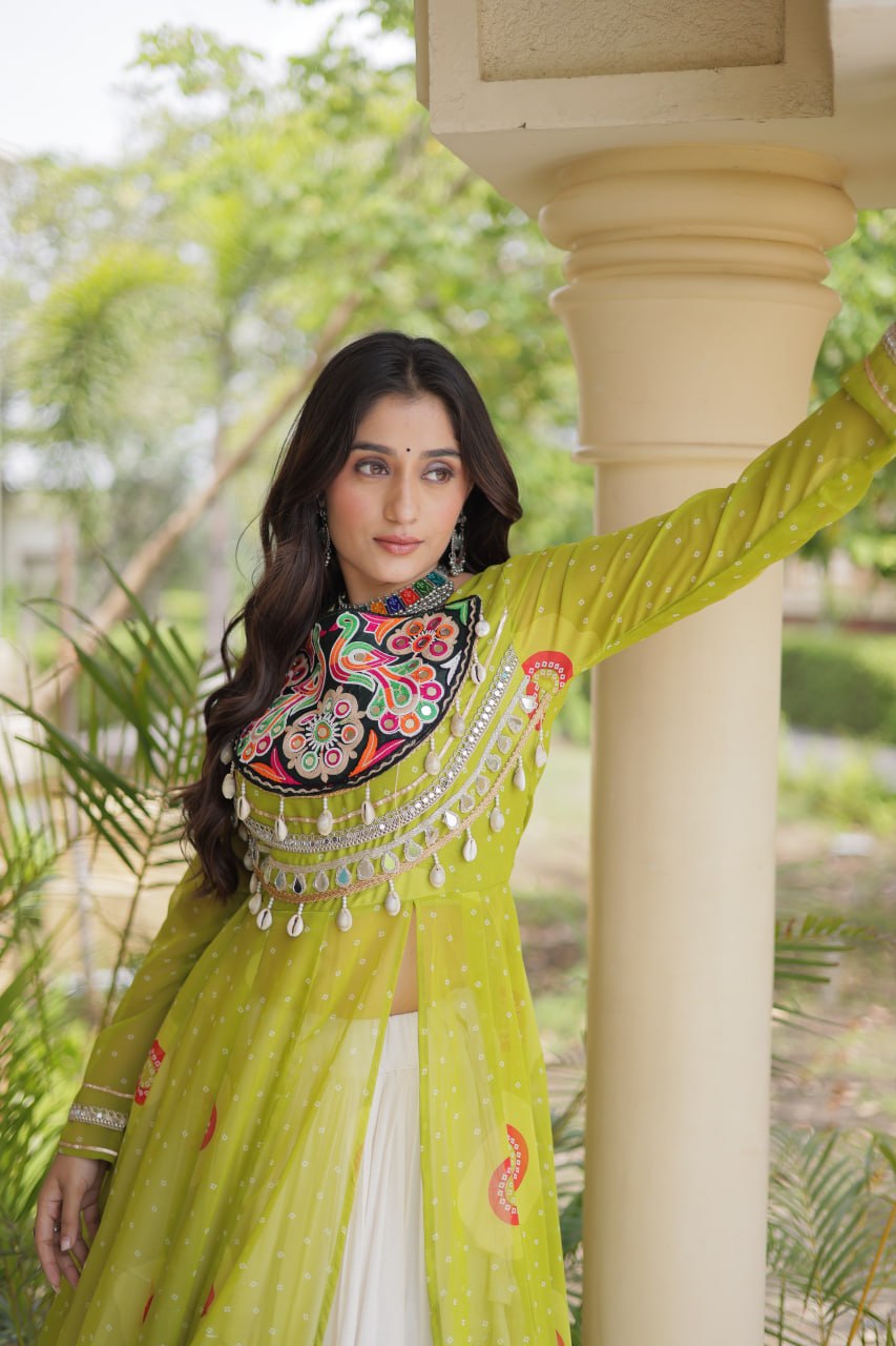 Parrot Green Bandhani Kurti With Lehenga ClothsVilla