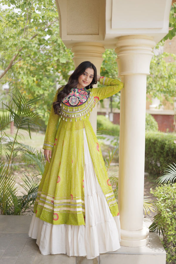 Parrot Green Bandhani Kurti With Lehenga ClothsVilla