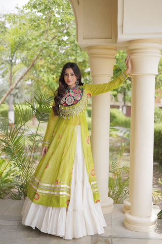Parrot Green Bandhani Kurti With Lehenga ClothsVilla