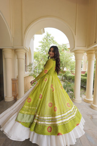 Parrot Green Bandhani Kurti With Lehenga ClothsVilla