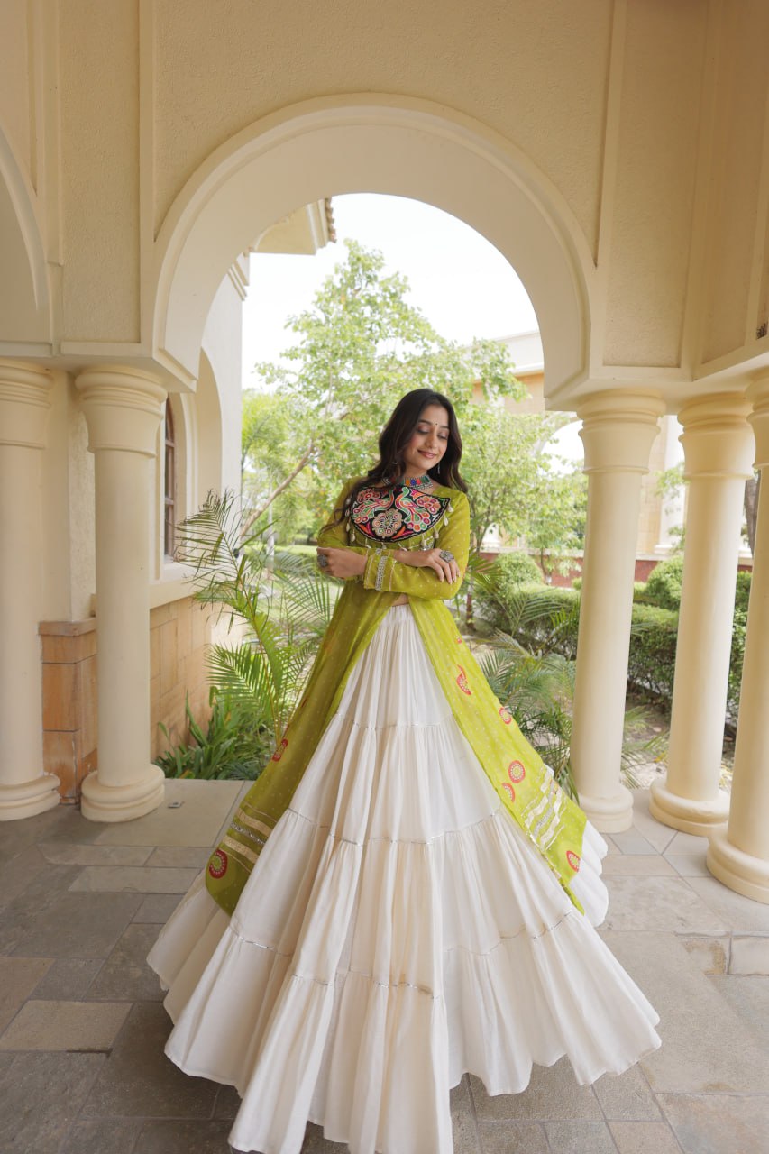 Parrot Green Bandhani Kurti With Lehenga ClothsVilla