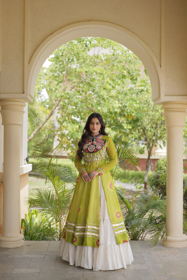 Parrot Green Bandhani Kurti With Lehenga ClothsVilla