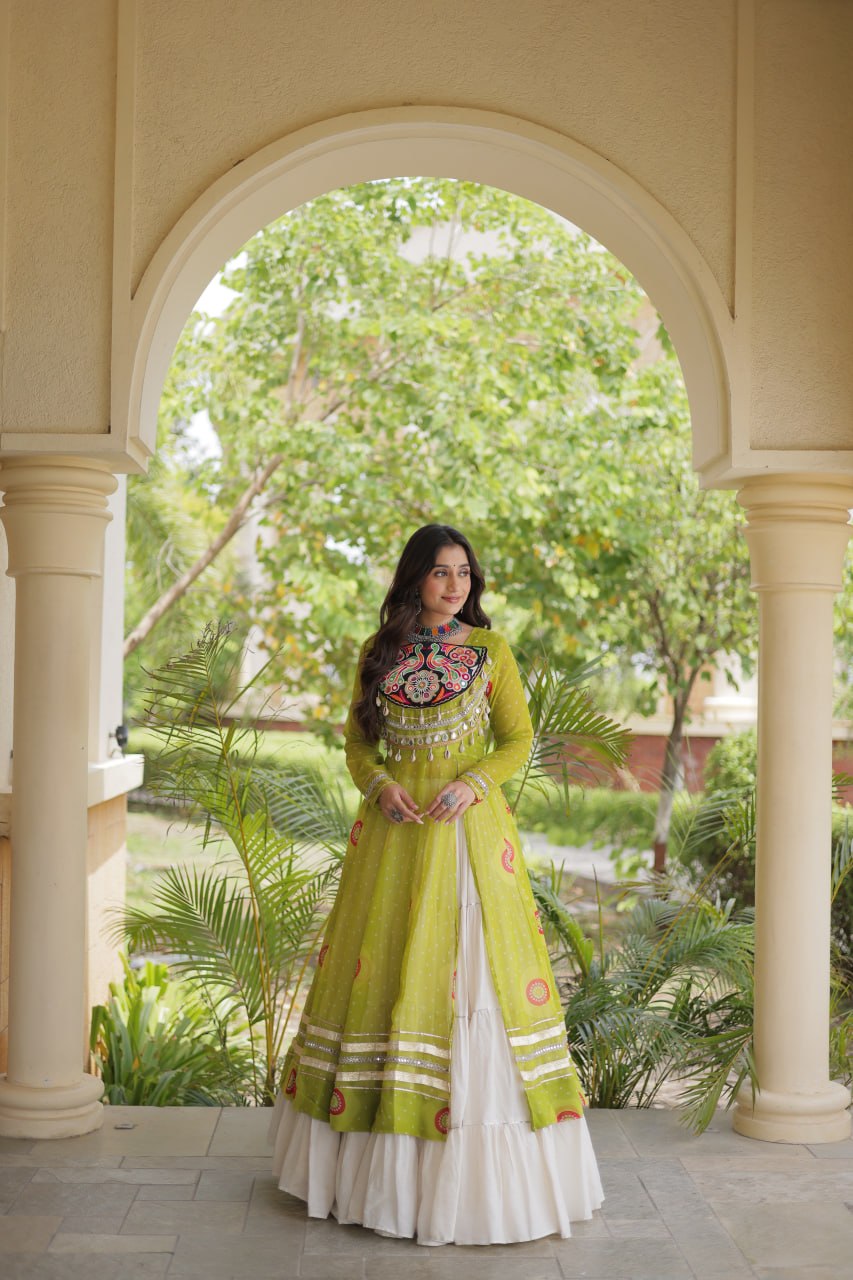 Parrot Green Bandhani Kurti With Lehenga ClothsVilla