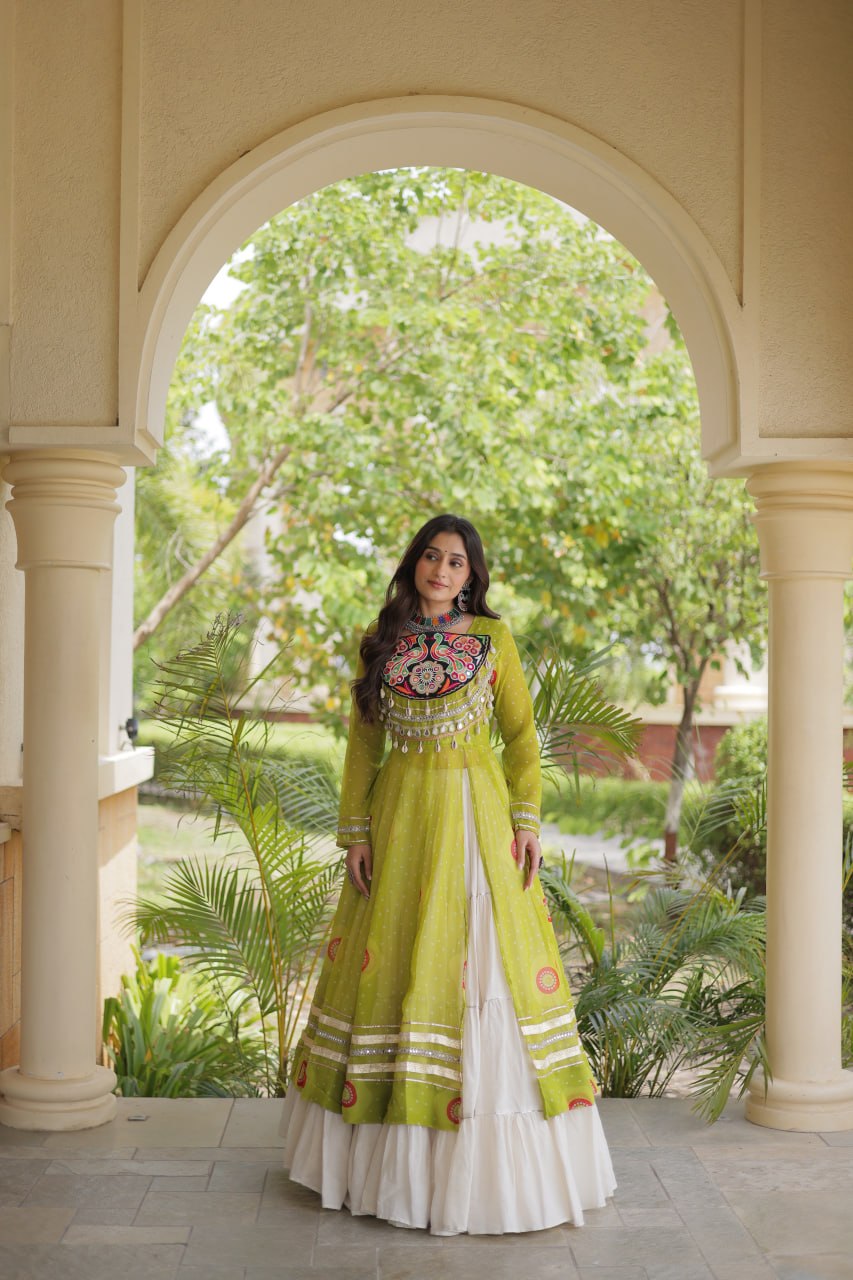 Parrot Green Bandhani Kurti With Lehenga ClothsVilla