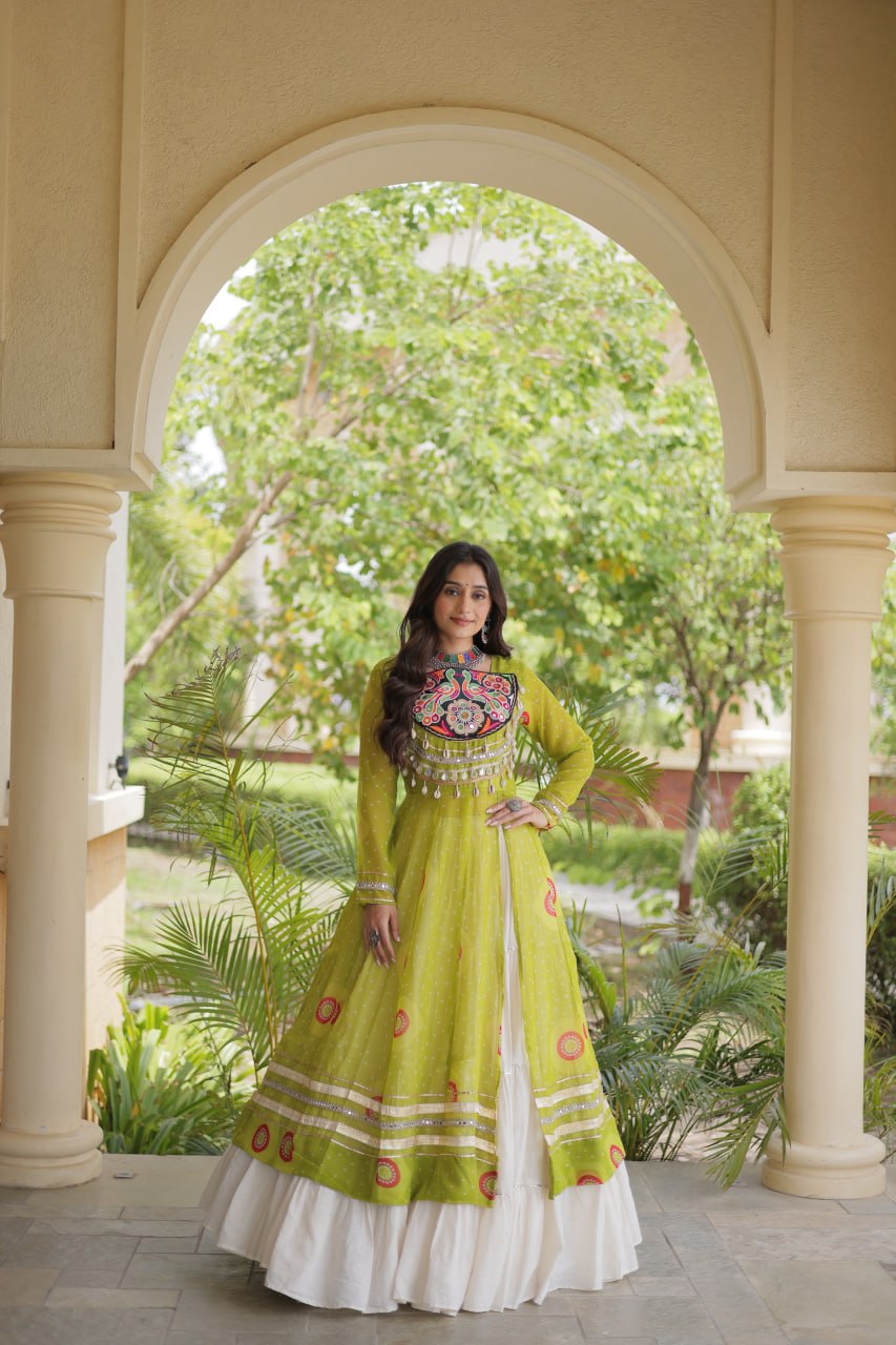 Parrot Green Bandhani Kurti With Lehenga ClothsVilla
