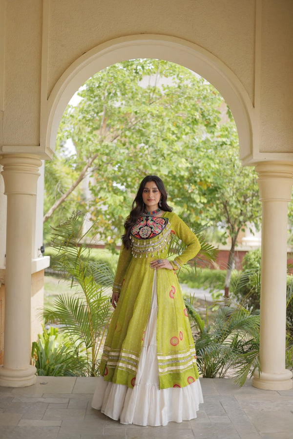 Parrot Green Bandhani Kurti With Lehenga ClothsVilla