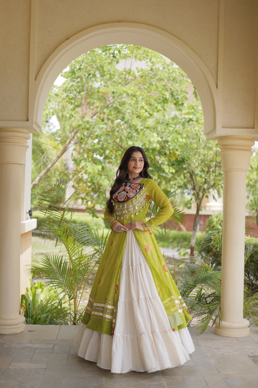 Parrot Green Bandhani Kurti With Lehenga ClothsVilla