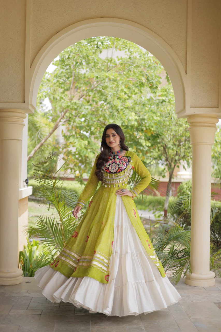 Parrot Green Bandhani Kurti With Lehenga ClothsVilla