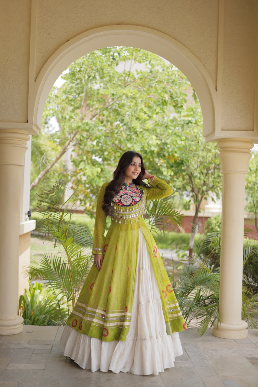 Parrot Green Bandhani Kurti With Lehenga ClothsVilla
