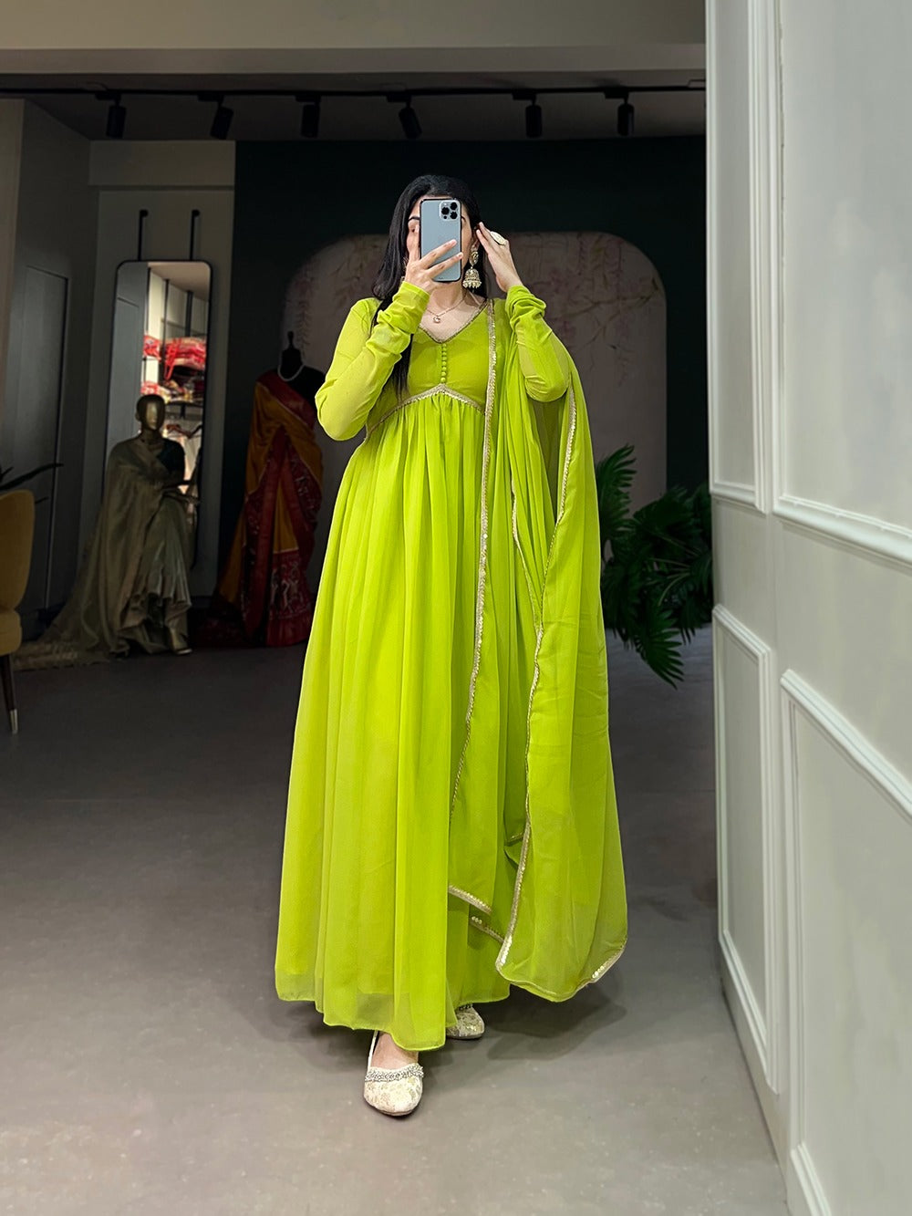 Parrot Green Color Alia Style Gown Elegance Personified in Georgette & Sequin ClothsVilla