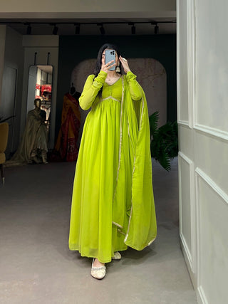 Parrot Green Color Alia Style Gown Elegance Personified in Georgette & Sequin ClothsVilla