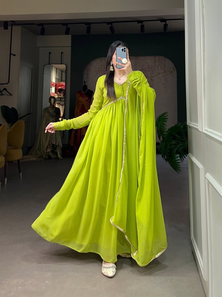 Parrot Green Color Alia Style Gown Elegance Personified in Georgette & Sequin ClothsVilla