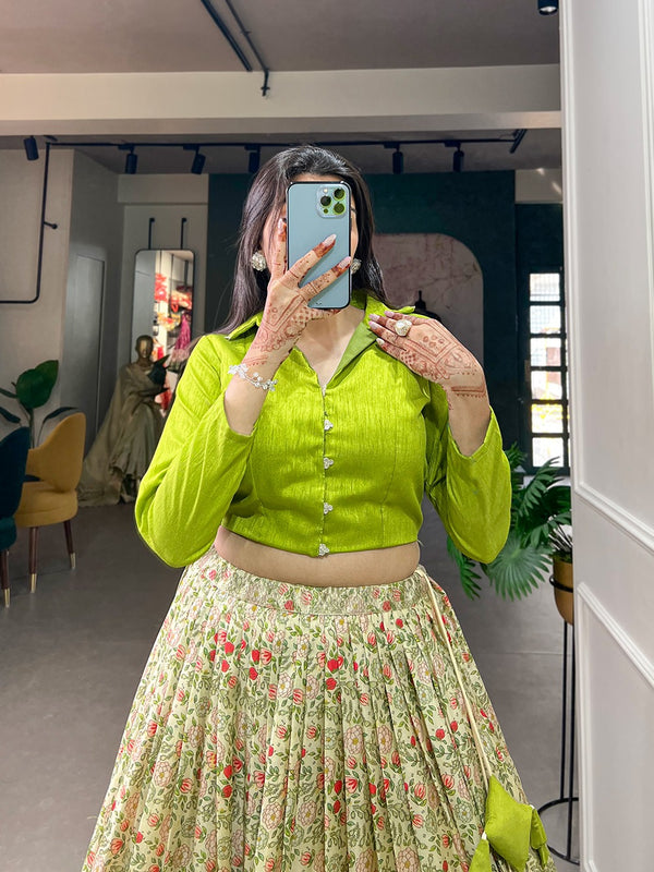 Parrot Green Color Dazzling Dola Silk Floral Lehenga Choli ClothsVilla