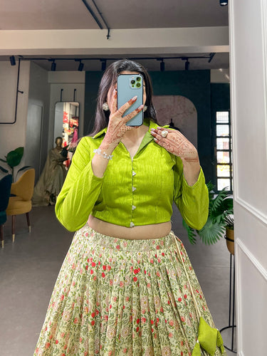 Parrot Green Color Dazzling Dola Silk Floral Lehenga Choli ClothsVilla