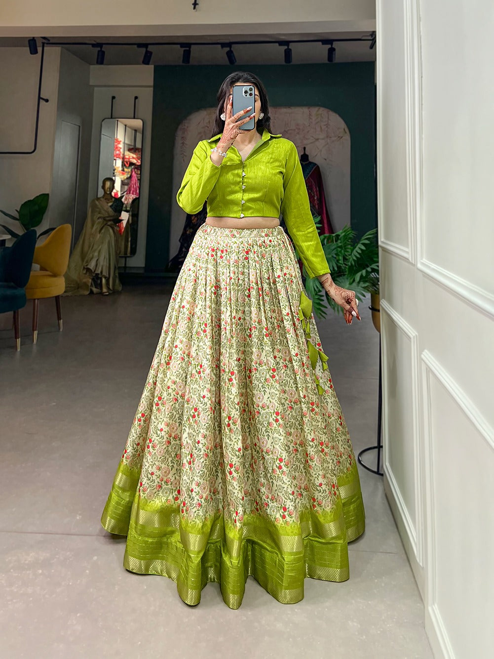 Parrot Green Color Dazzling Dola Silk Floral Lehenga Choli ClothsVilla Main image