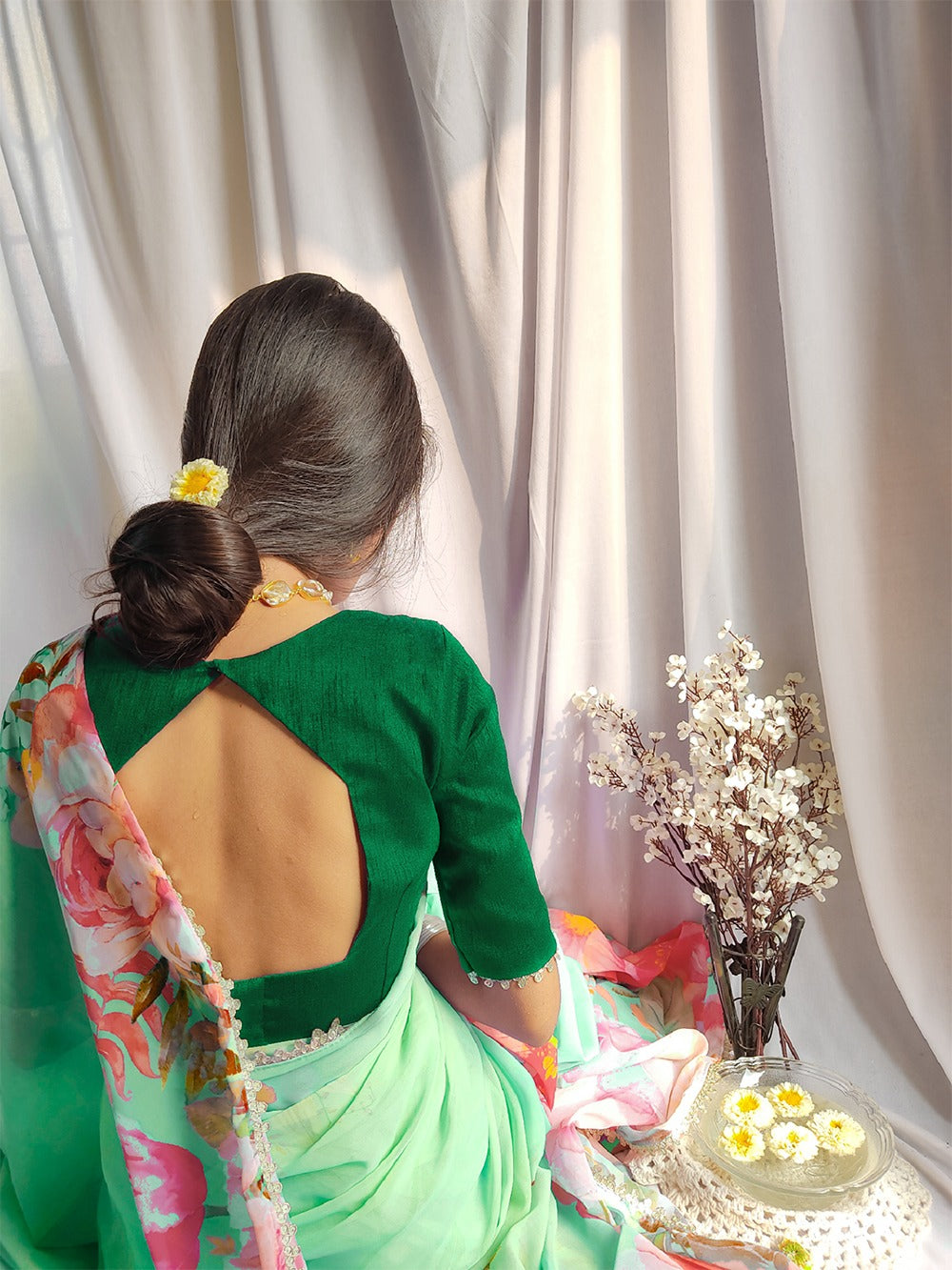 Parrot Green Color Floral Printed Georgette Saree with Sequins and Lace ClothsVilla