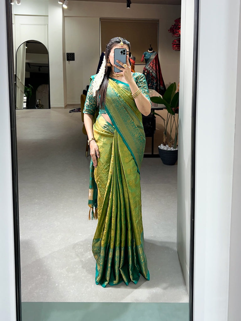 Parrot Green Color Kanjivaram Silk Saree with Exquisite Zari Weaving ClothsVilla