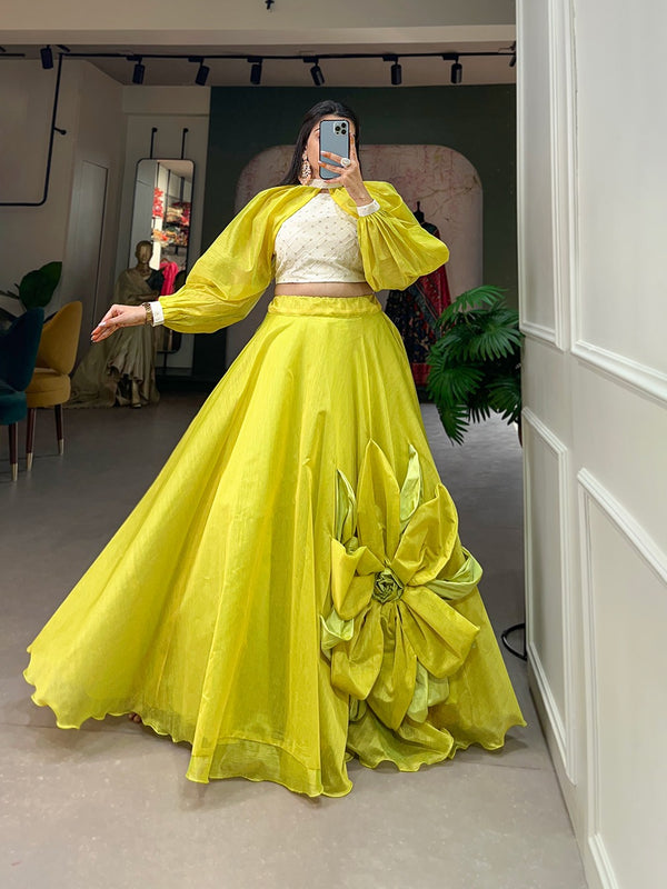 Parrot Green Color Rajwadi Chanderi Silk Lehenga Co-ord Set with Handcrafted Charm ClothsVilla