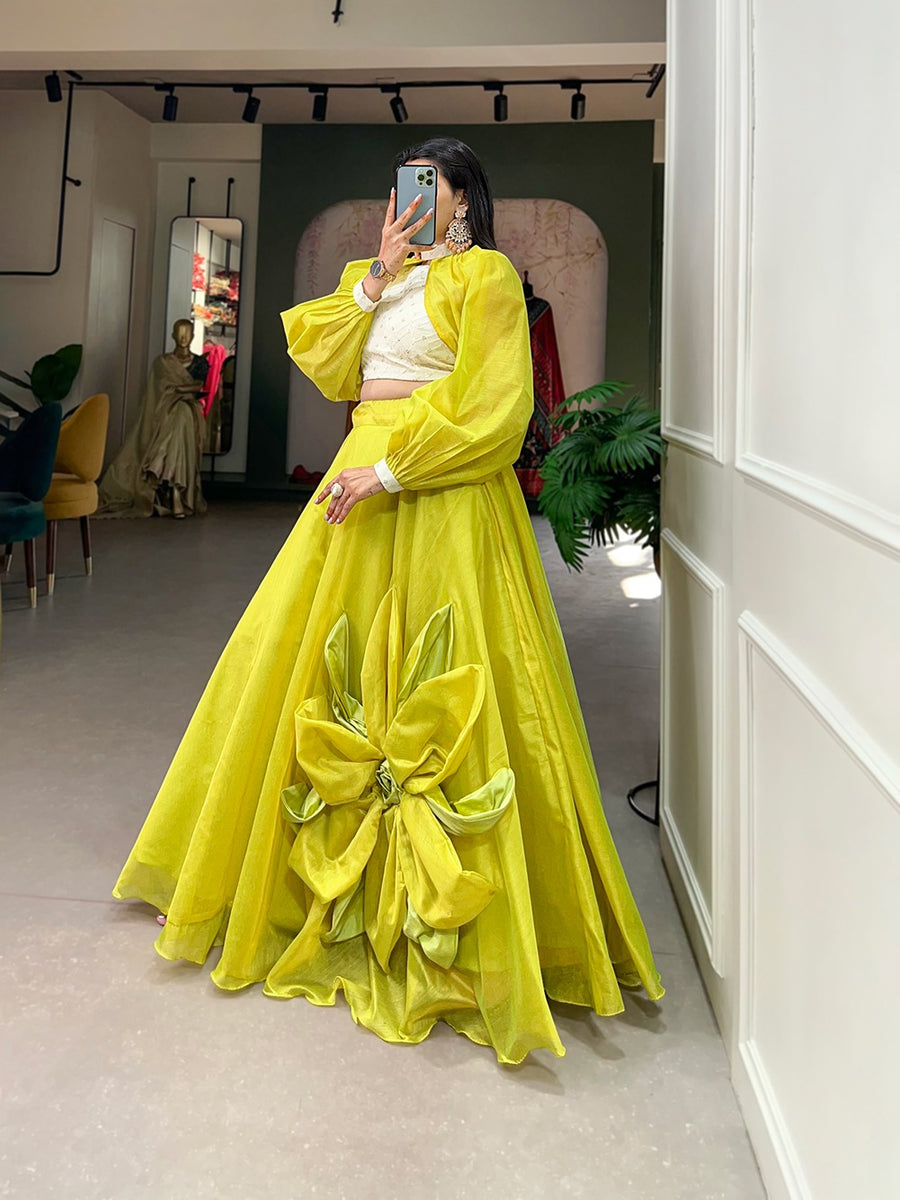Party Wear Chanderi Silk Dress Material (Parrot Green)