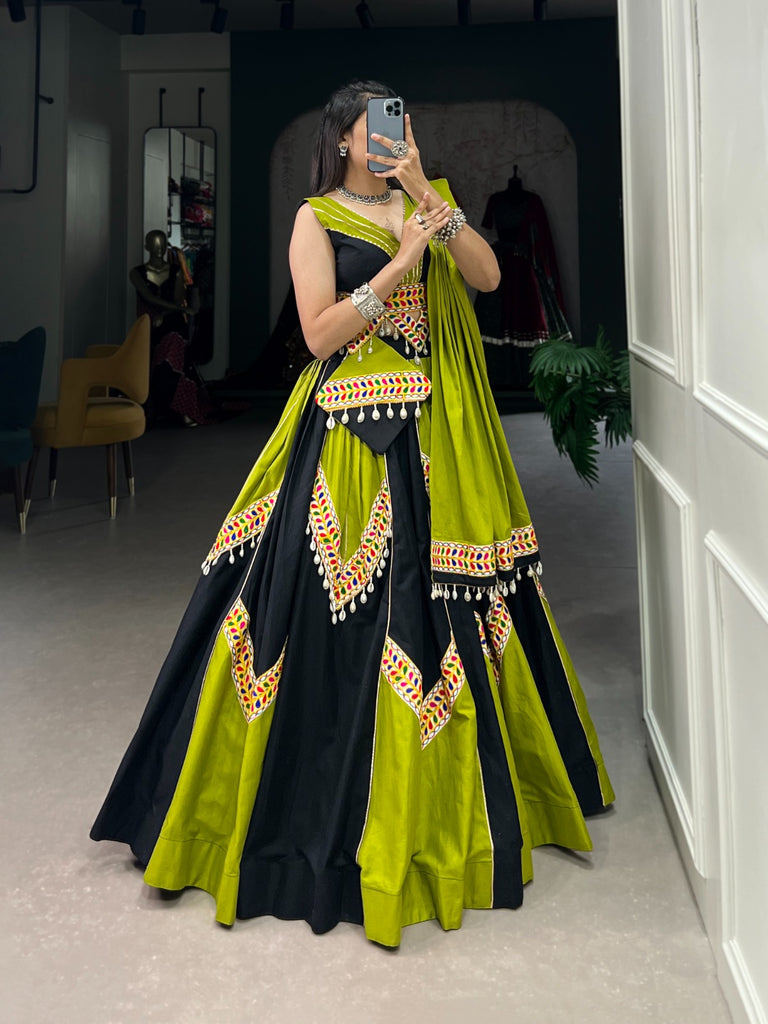 Parrot Green Cotton Lehenga Choli with Gamthi & Cowrie Lace ClothsVilla