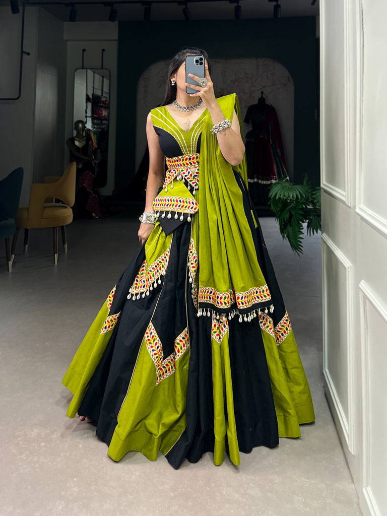 Parrot Green Cotton Lehenga Choli with Gamthi & Cowrie Lace ClothsVilla