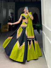 Load image into Gallery viewer, Parrot Green Cotton Lehenga Choli with Gamthi &amp; Cowrie Lace ClothsVilla