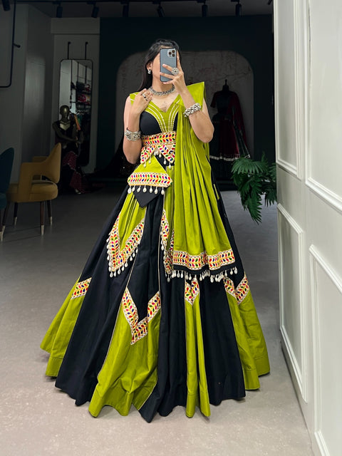 Parrot Green Cotton Lehenga Choli with Gamthi & Cowrie Lace ClothsVilla Main image