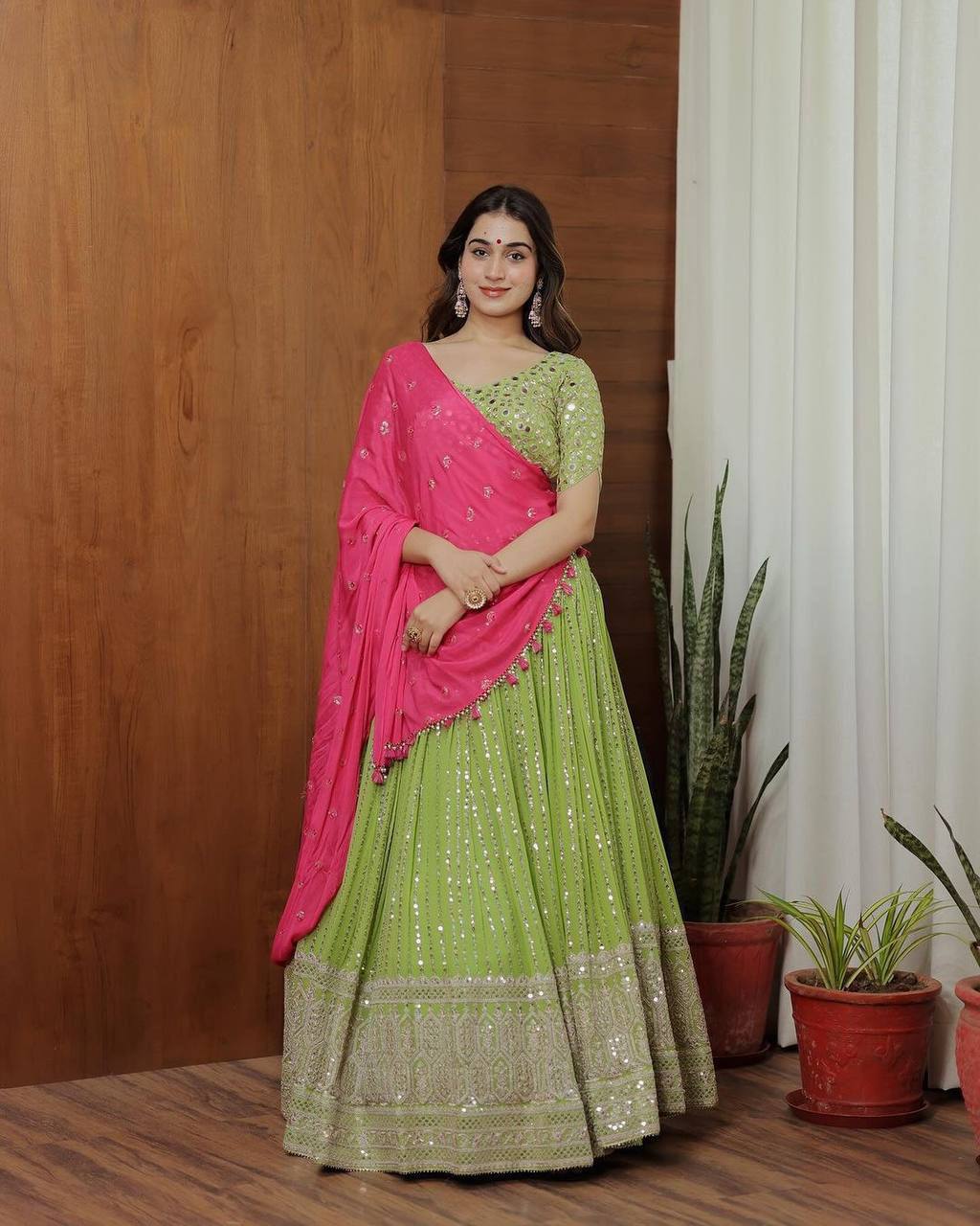 Parrot Green Designer Fox Georgette Lehenga Set with Heavy Sequence Work & Latkan Dupatta Clothsvilla