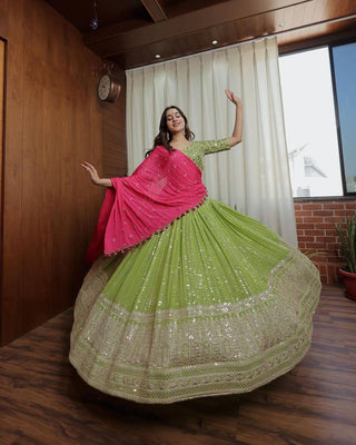 Parrot Green Designer Fox Georgette Lehenga Set with Heavy Sequence Work & Latkan Dupatta Clothsvilla