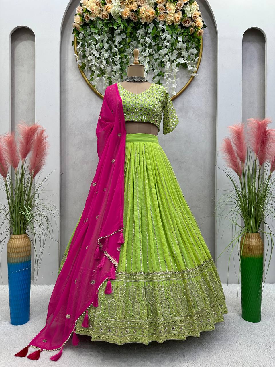 Parrot Green Designer Fox Georgette Lehenga Set with Heavy Sequence Work & Latkan Dupatta Clothsvilla