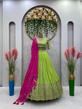 Parrot Green Designer Fox Georgette Lehenga Set with Heavy Sequence Work & Latkan Dupatta Clothsvilla
