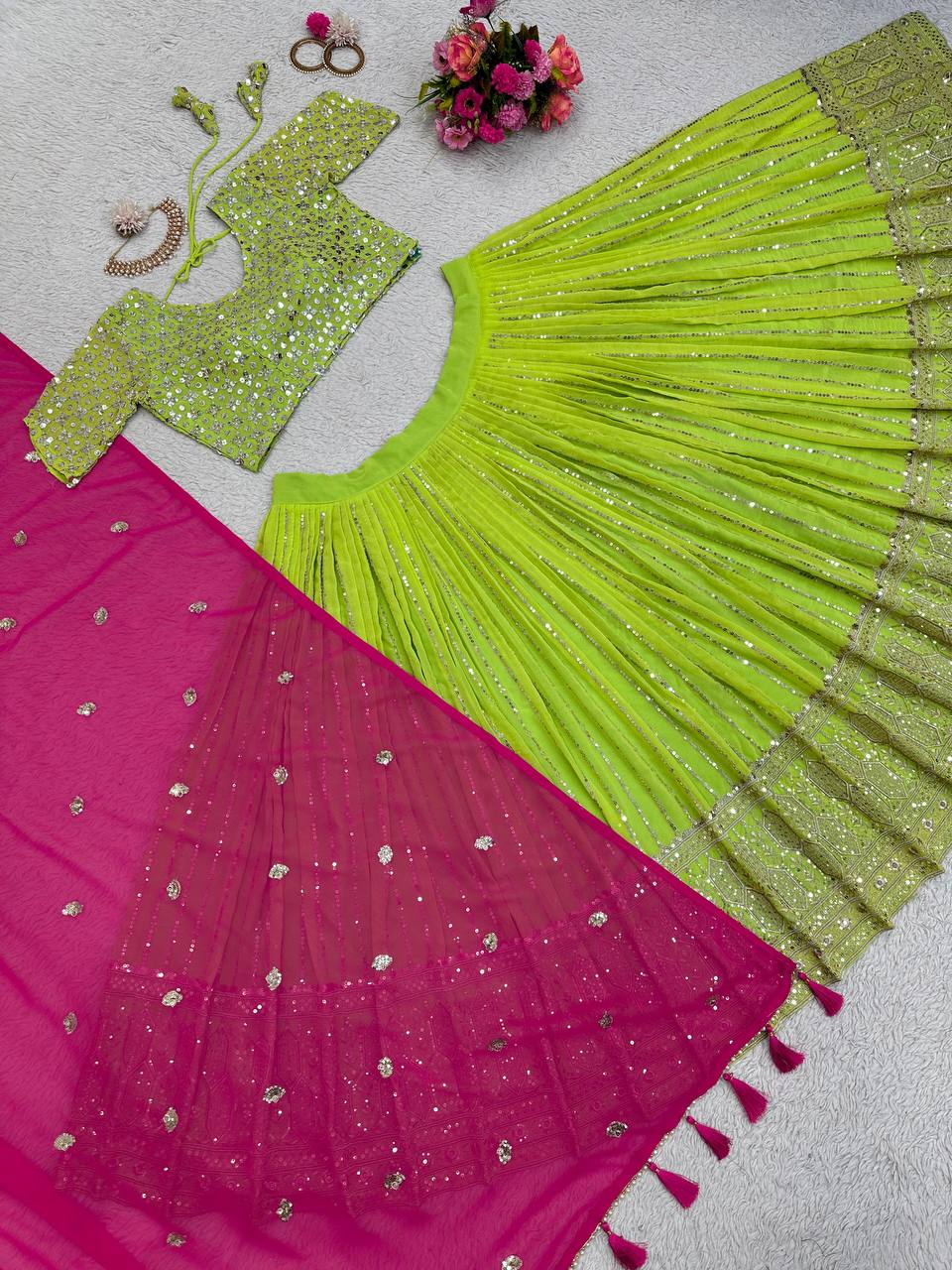 Parrot Green Designer Fox Georgette Lehenga Set with Heavy Sequence Work & Latkan Dupatta Clothsvilla