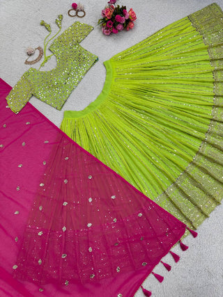 Parrot Green Designer Fox Georgette Lehenga Set with Heavy Sequence Work & Latkan Dupatta Clothsvilla
