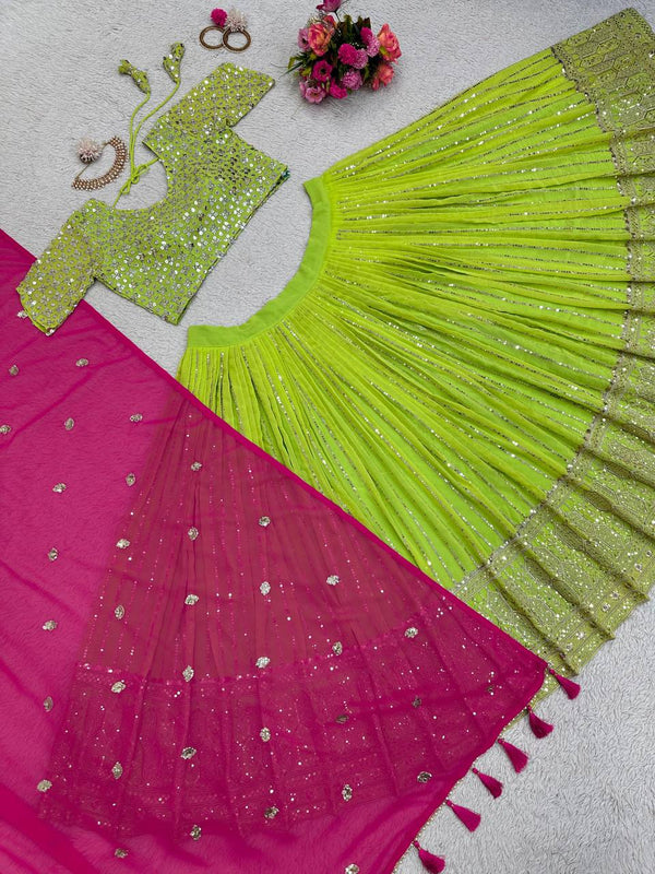 Parrot Green Designer Fox Georgette Lehenga Set with Heavy Sequence Work & Latkan Dupatta Clothsvilla
