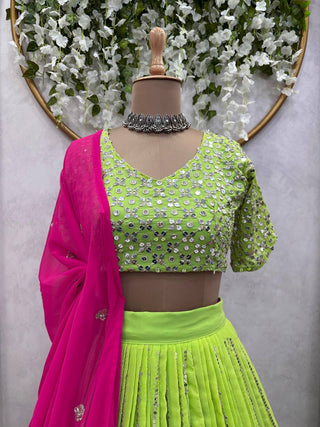 Parrot Green Designer Fox Georgette Lehenga Set with Heavy Sequence Work & Latkan Dupatta Clothsvilla